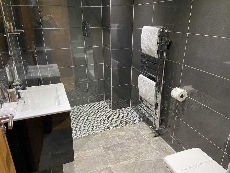A modern bathroom with a glass-enclosed shower, a white sink, and a toilet.