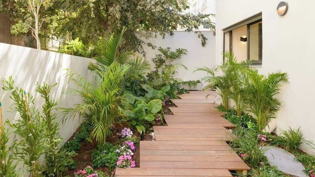 Un sendero de madera que atraviesa un jardín con diversas plantas y flores.