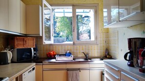 Cocina compacta con ventana, un lavamanos y electrodomésticos básicos.