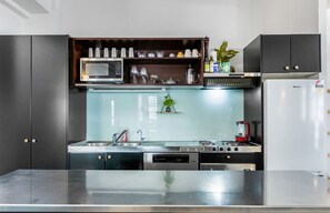 Fridge, microwave, oven, stovetop