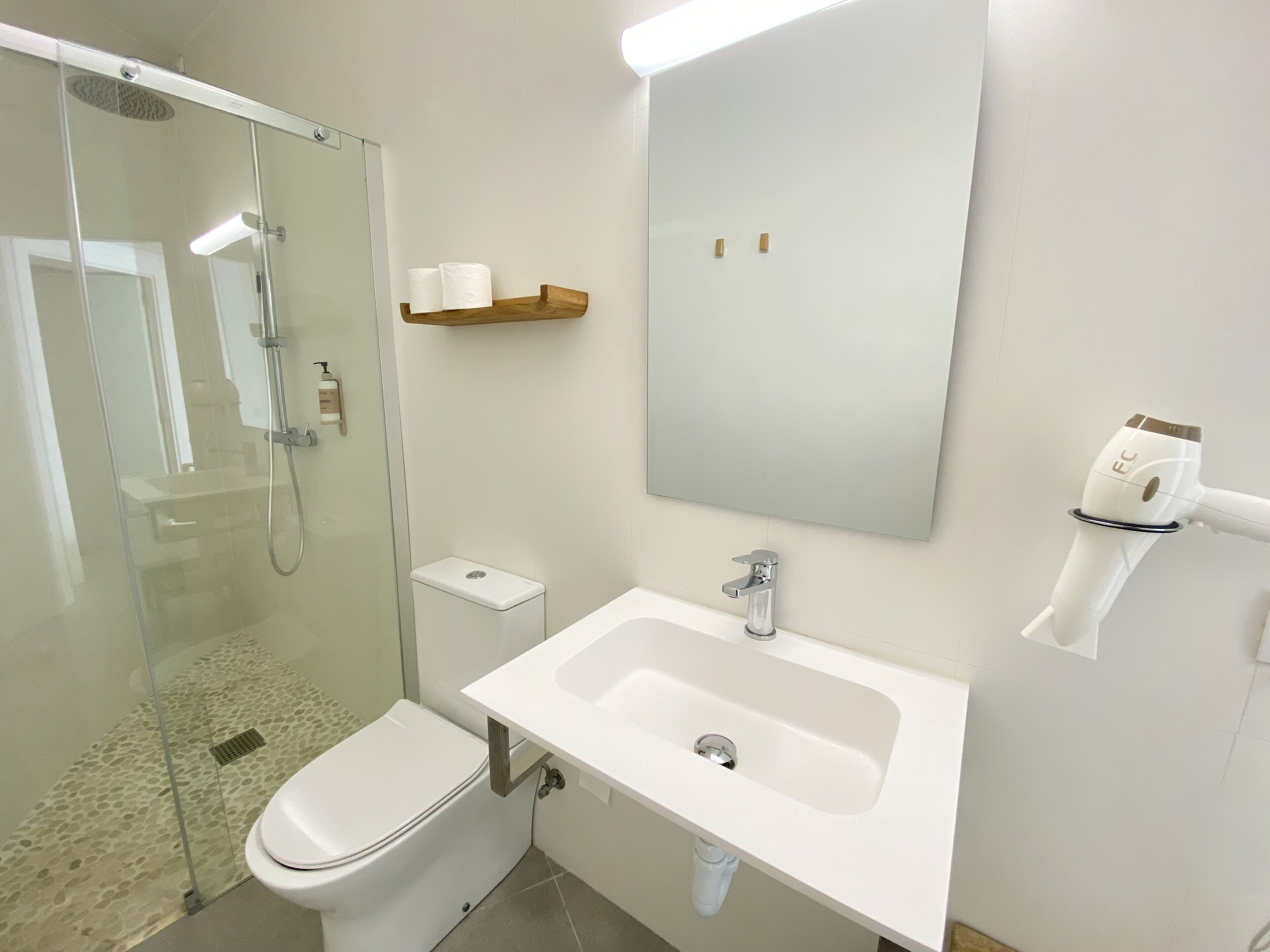 A bathroom with a glass shower enclosure, a toilet, a sink, and a mirror.