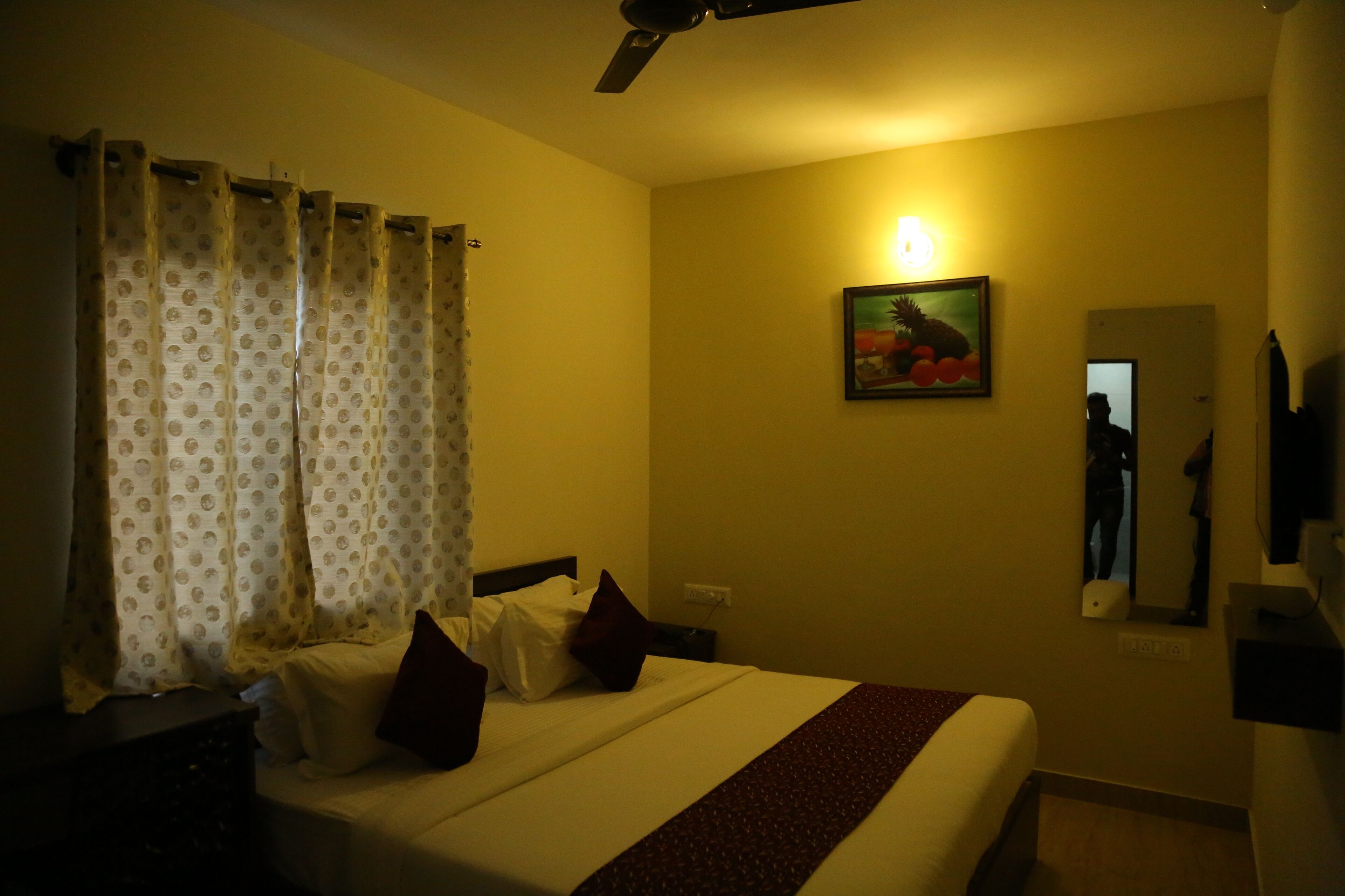 A hotel room with a bed, curtains, a painting, a mirror, and a ceiling fan.