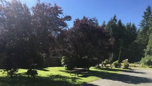 Un parque con camino empedrado, mesas de picnic y césped.