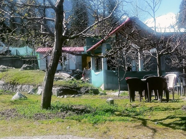 Paesaggio rurale con un albero, un piccolo edificio e alcune sedie di plastica.
