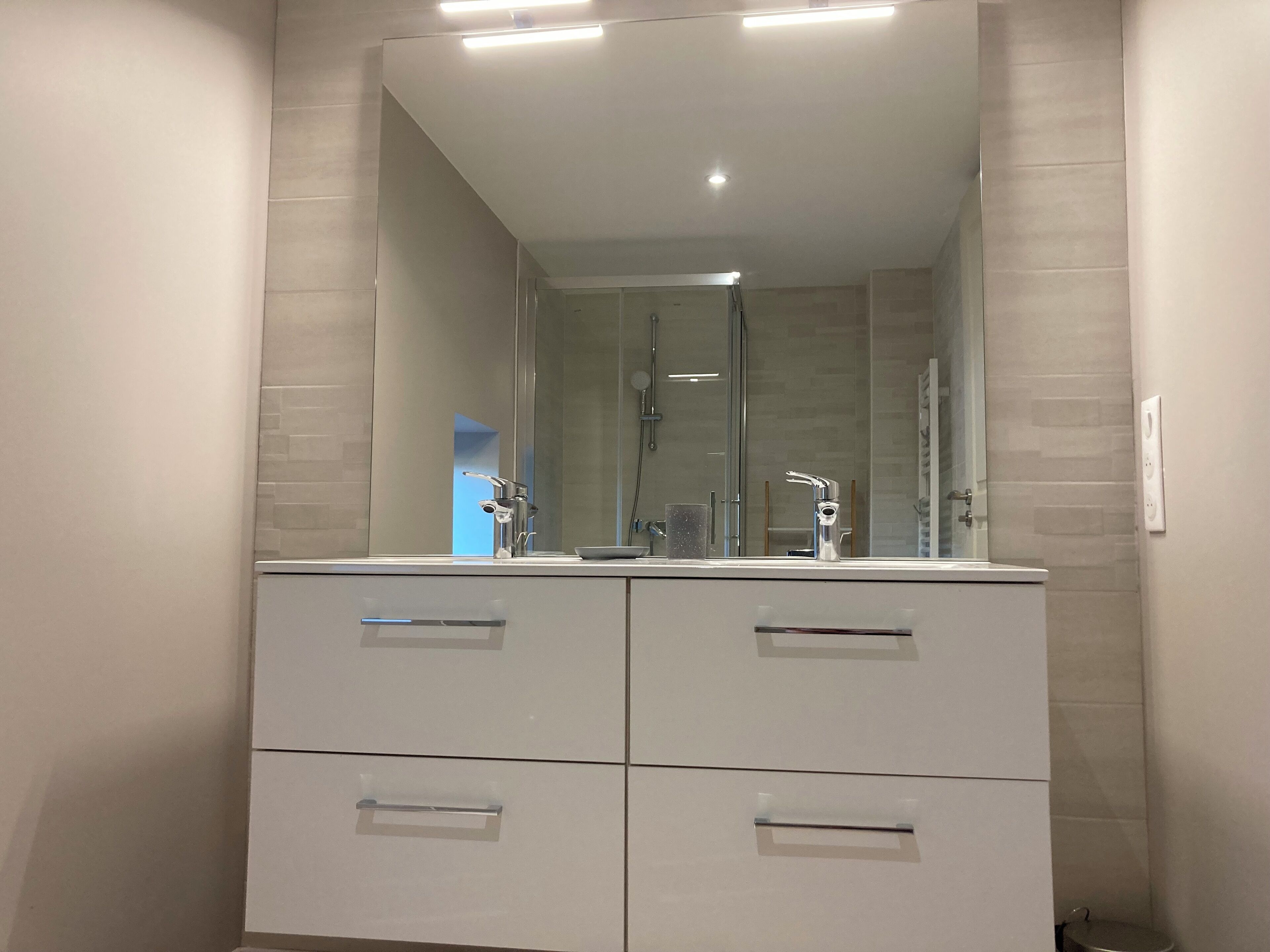 Shower, hair dryer, towels