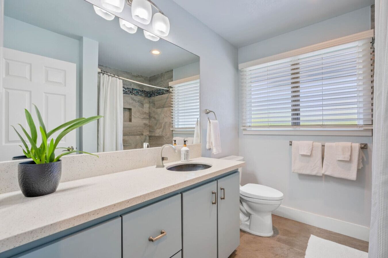 Eco-friendly toiletries, hair dryer, towels, soap