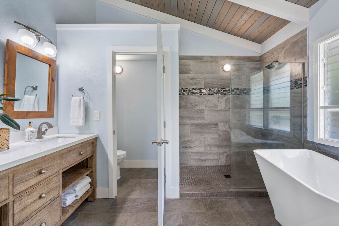 Eco-friendly toiletries, hair dryer, towels, soap