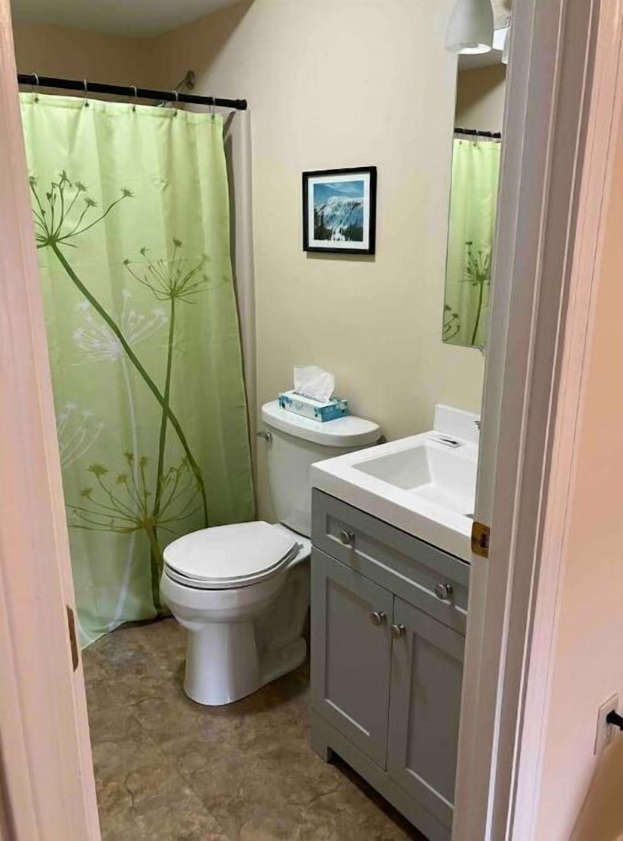 A compact bathroom with a toilet, sink, and a shower curtain with a floral pattern.