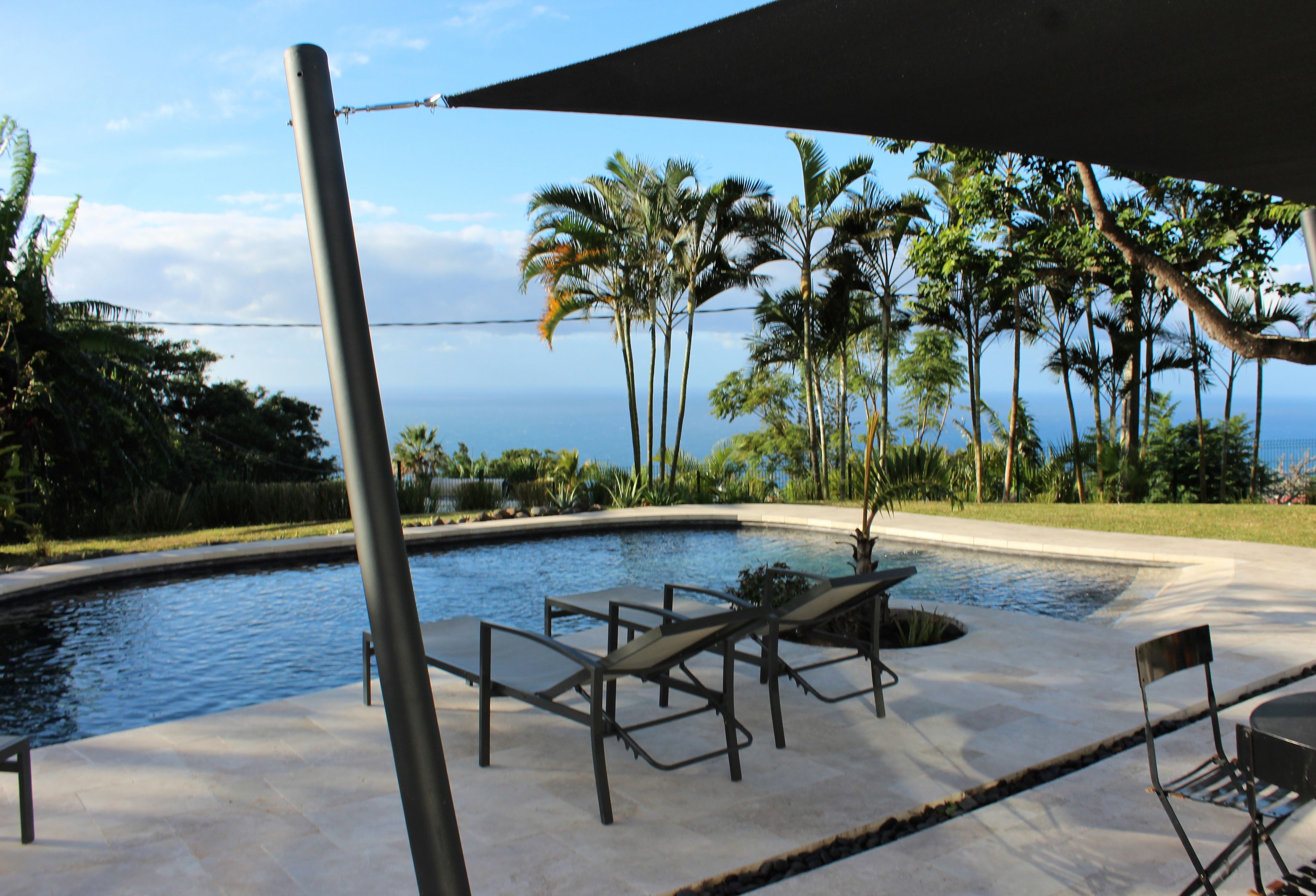 Una piscina con sillones de descanso y vistas a palmeras y al océano.