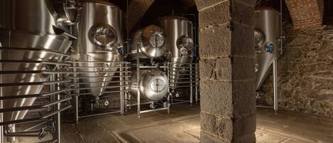 Cuves de brassage en acier inoxydable, installées dans une cave aux murs de pierre et aux voûtes en arc.