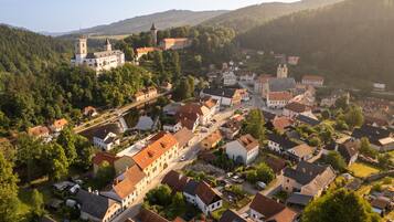 An aerial view of a town with a prominent castle-like structure, surrounded by residential buildings and lush greenery.