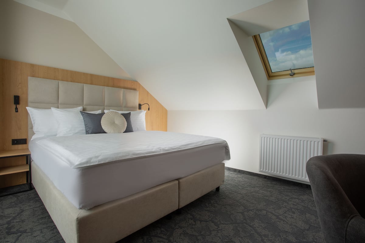 A modern bedroom with a large bed, a wooden headboard, a skylight, and a radiator.