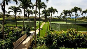 Una cancha de tenis rodeada de palmeras y vegetación exuberante.