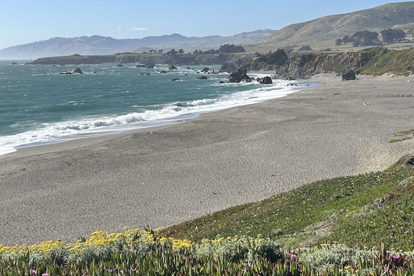 Vlak bij het strand, ligstoelen, strandlakens