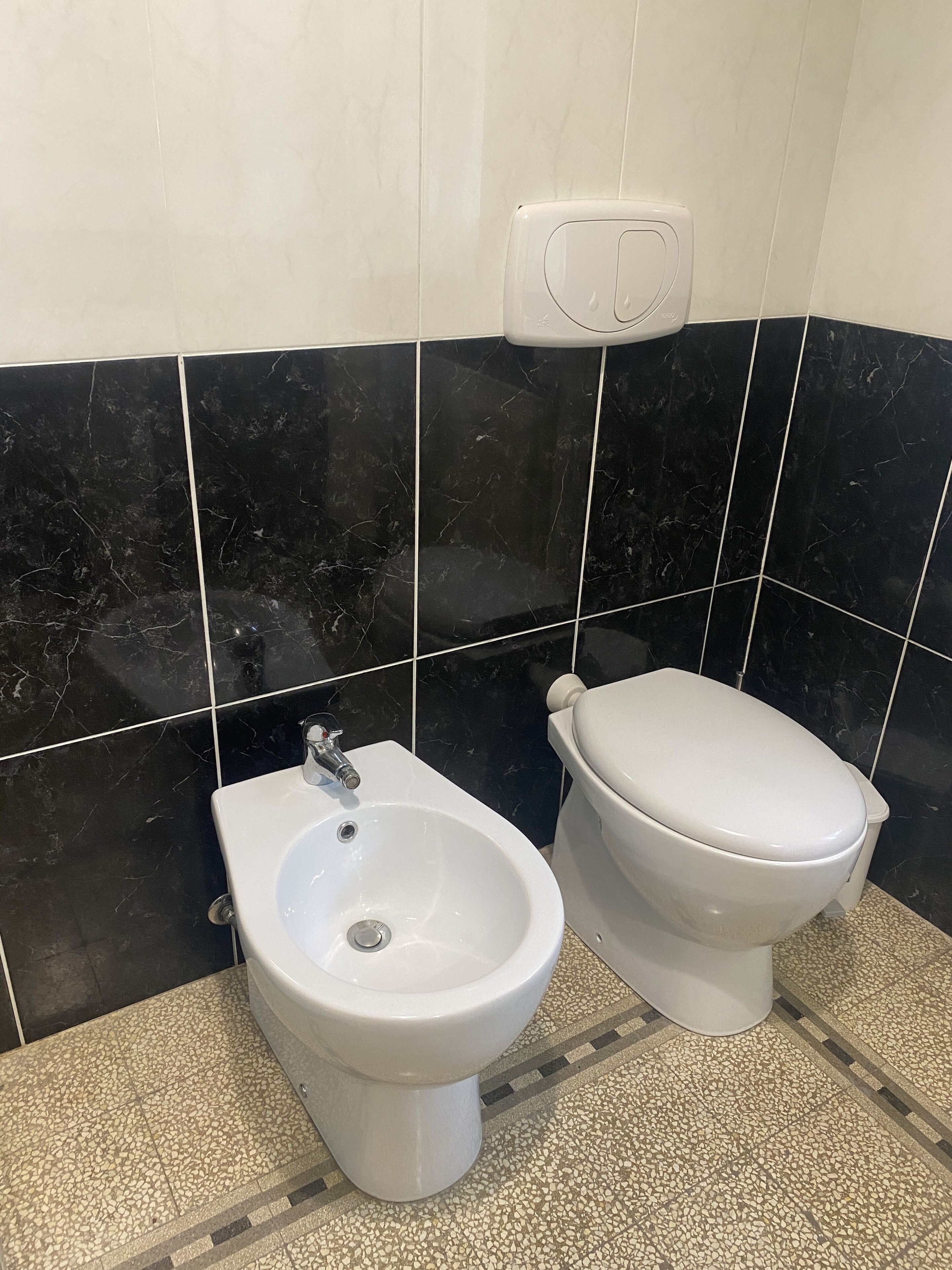 Ein Badezimmer mit einer Bidet-Funktion, Toilette und einem Wandtrockner.