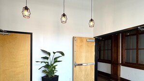 A hallway with wooden doors, a potted plant, and hanging light fixtures.