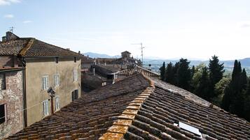 A terraced building with a steep staircase leading up to a rooftop terrace.
