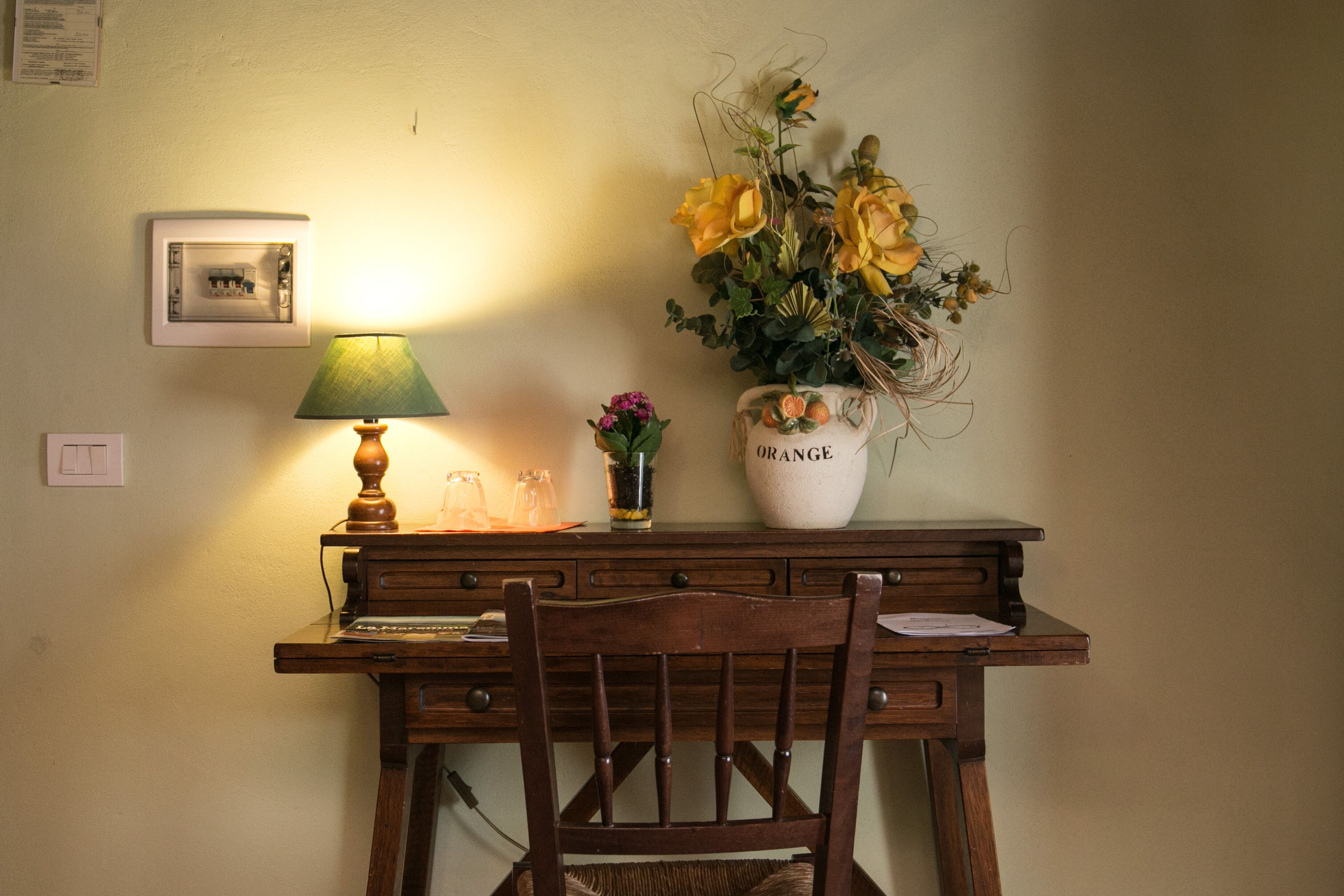 Un bureau en bois, une lampe, un vase de fleurs et un tableau encadré accroché au mur.