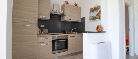 Fridge, oven, coffee/tea maker, cookware/dishes/utensils