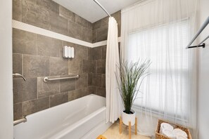 Hair dryer, towels, soap, shampoo