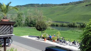 Enjoy serene views of lush vineyards and a tranquil body of water from a communal bench.