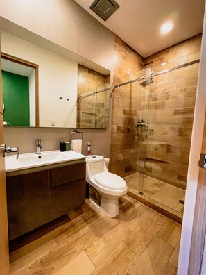 Shower, towels, soap, shampoo