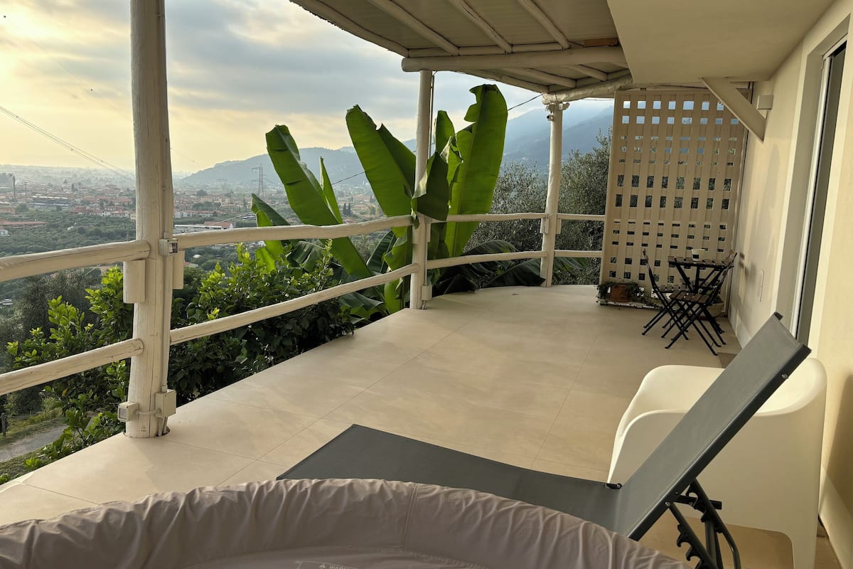 Uma varanda com vista para a paisagem urbana, uma mesa com cadeiras e uma planta grande.