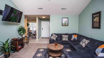 Smart TV, fireplace, books, offices