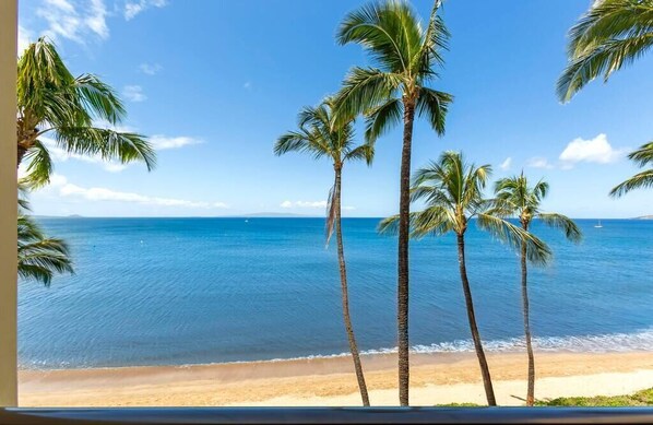 On the beach, sun-loungers, beach towels