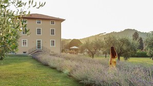 A building with a staircase leading to a door, surrounded by a garden with lavender plants. - Villa Annabelle - Six Bedroom Villa, Sleeps 18 (Lucca)