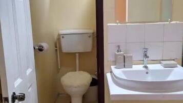 Een douche, handdoeken, zeep, toiletpapier