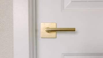 Une porte blanche avec une poignée de porte en laiton et une plaque rectangulaire.