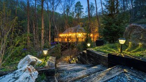 A rustic wooden cabin surrounded by a forest, with a wooden staircase leading up to it. - Foxfire Tent (Bryson City)