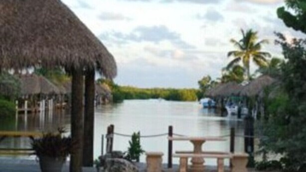 A thatched-roof structure with a bench and potted plants, overlooking a body of water with palm trees in the background. - Key Largo Relaxing Getaway (Key Largo)
