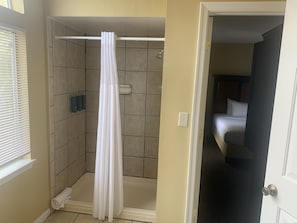 Hair dryer, towels, soap, shampoo