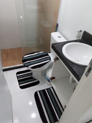 Chuveiro, secador de cabelo, toalhas de banho, papel higiênico