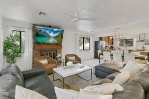 TV, fireplace, video games, table football