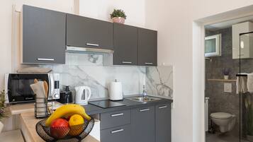 Fridge, stovetop, toaster, cookware/dishes/utensils