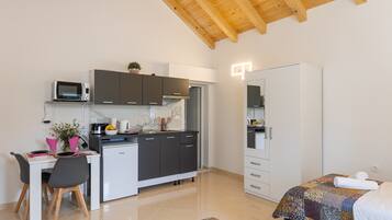 Fridge, stovetop, toaster, cookware/dishes/utensils