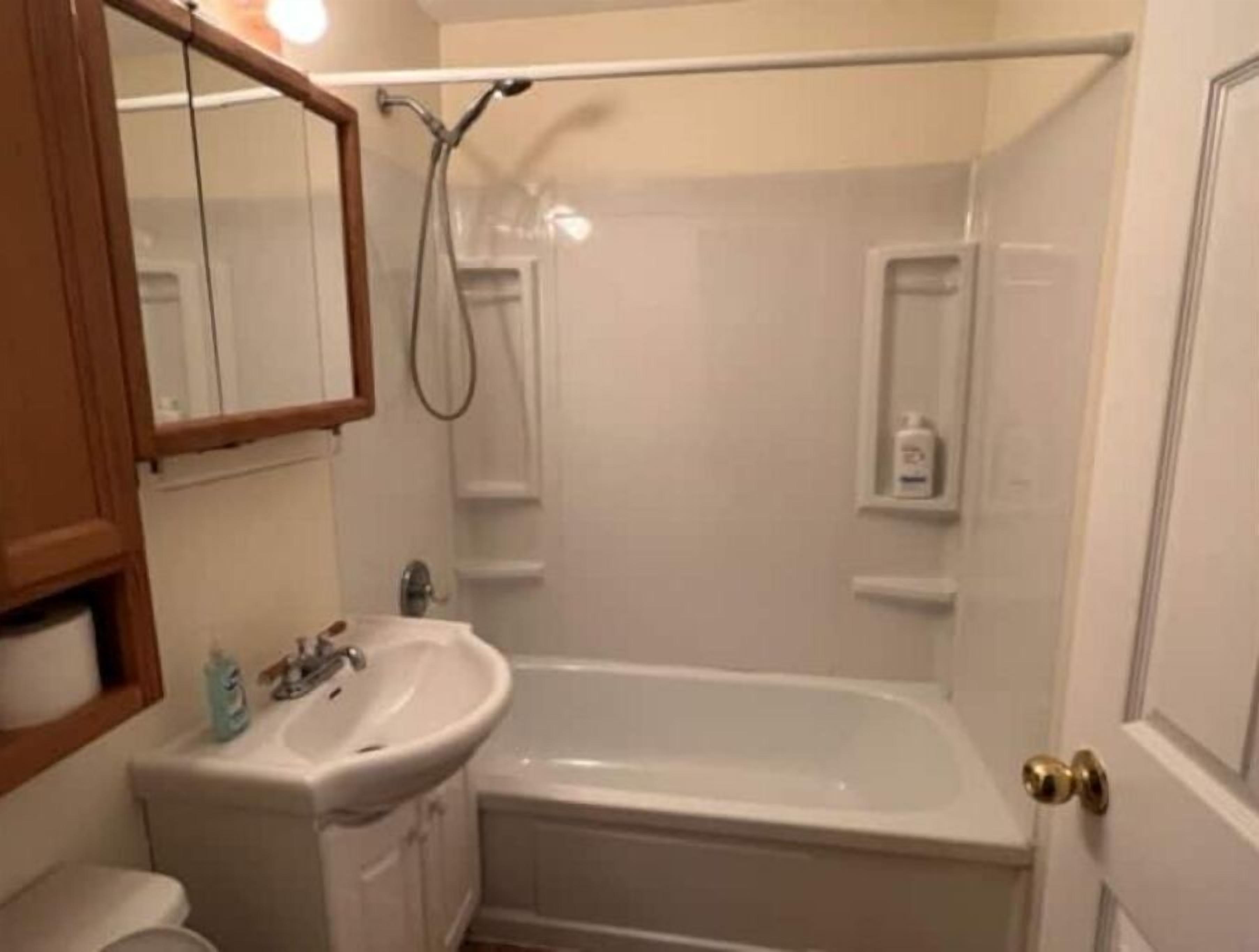 Hair dryer, towels, soap, shampoo