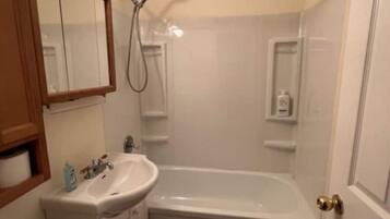 Hair dryer, towels, soap, shampoo