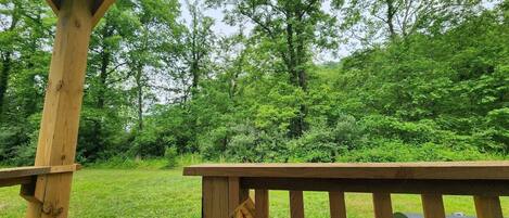 A wooden deck with a grill, surrounded by lush green trees.