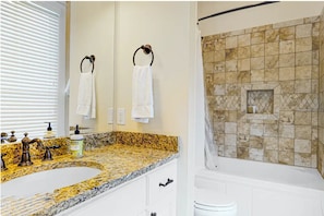 Shower, jetted tub, hair dryer, towels