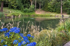 Un étang entouré de verdure et de fleurs bleues.