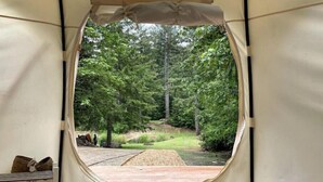 Une tente offrant une vue sur une zone boisée et dotée d’une terrasse en bois.