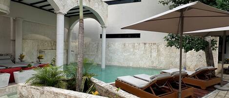 A poolside area with lounge chairs, a palm tree, and a stone wall.