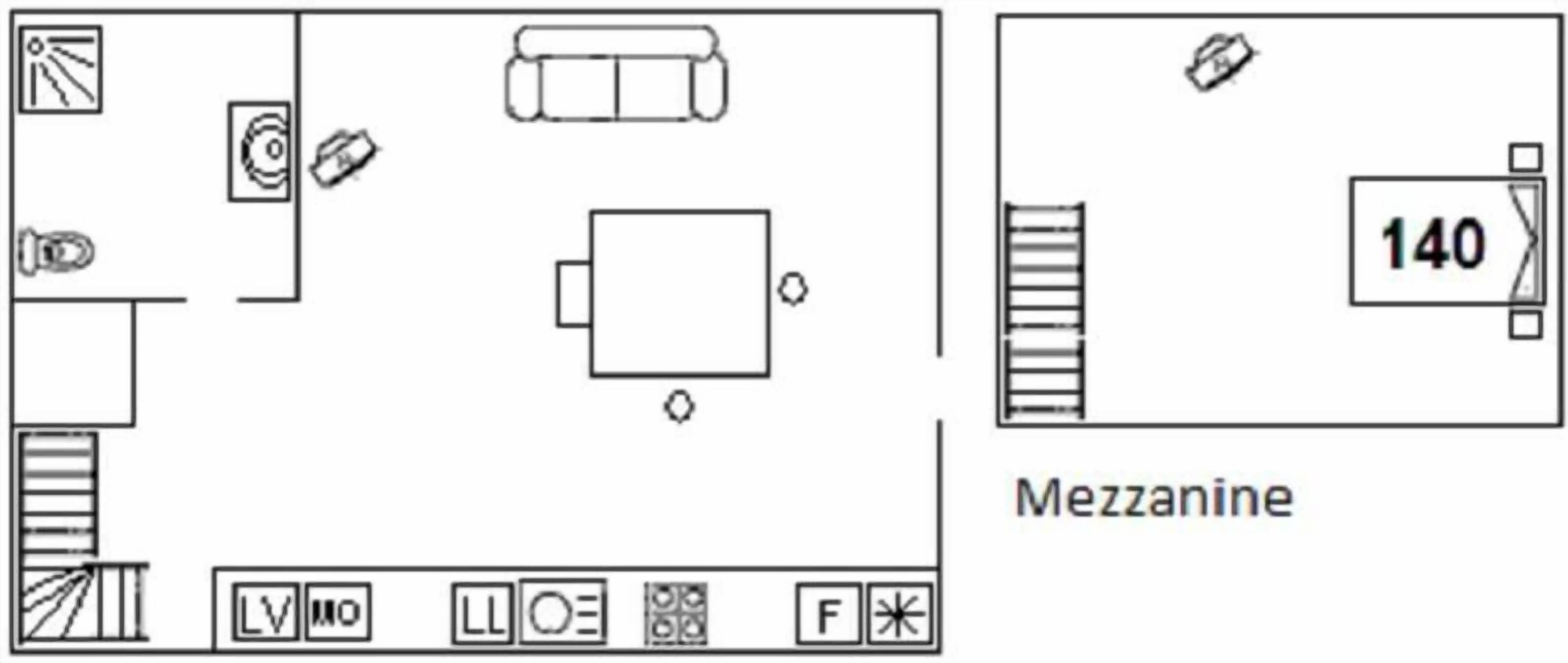 Un plan d’aménagement de chambre d’hôtel comprenant un lit, un bureau, une chaise, une petite table et une salle de bain.