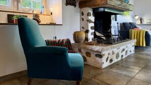 A cozy living room with a teal armchair, a fireplace, and a window overlooking greenery. - Artegia - Sainte-engrace (SAINTE-ENGRACE)