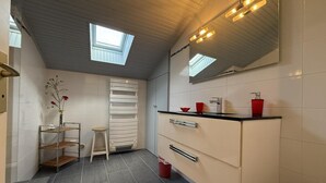 A modern bathroom with skylights, a vanity with a mirror, and a red rug. - Aguerrea - Macaye - Gîte (MACAYE)