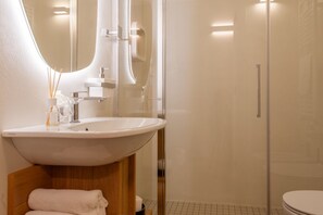 A modern bathroom with a large sink, mirror, and glass shower enclosure.